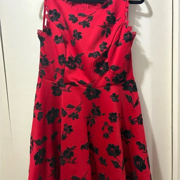 City Studio Red Dress with Black Lace Detail - Picture 2 of 5